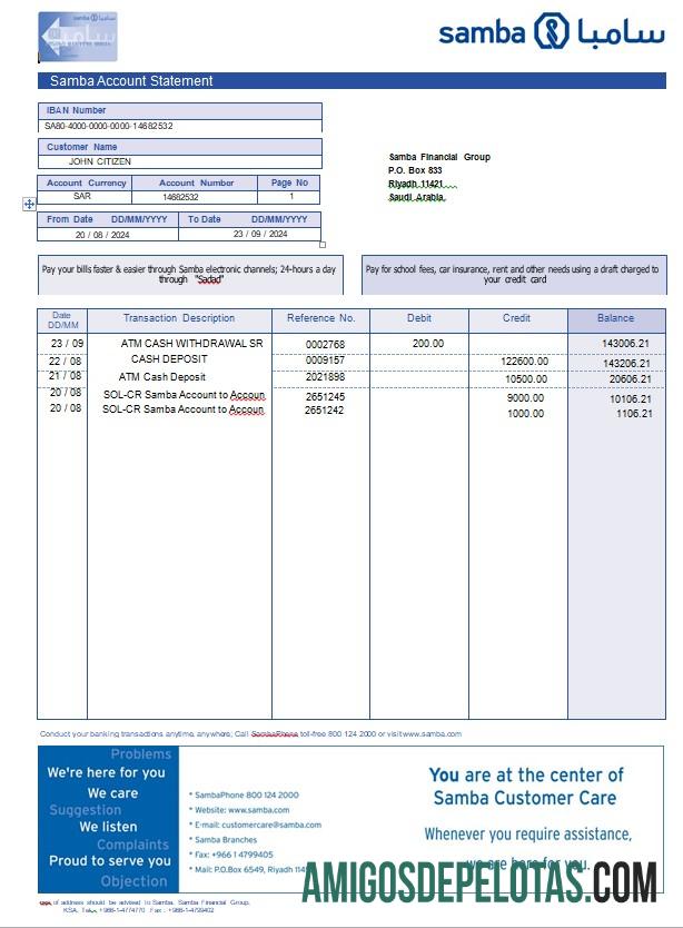 Extrato bancário do Samba da Arábia Saudita para impressão, modelo Word e PDF